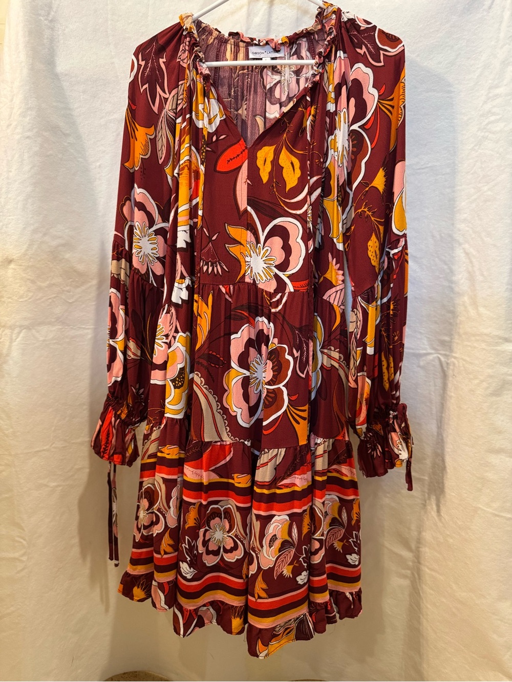 Gibson Latimer Bohemian Floral Tiered Long-Sleeve Dress - Burgundy Floral